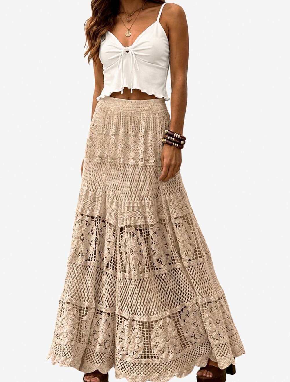 New Crochet Skirt Boho Lace Beige Cream Khaki Small Women
